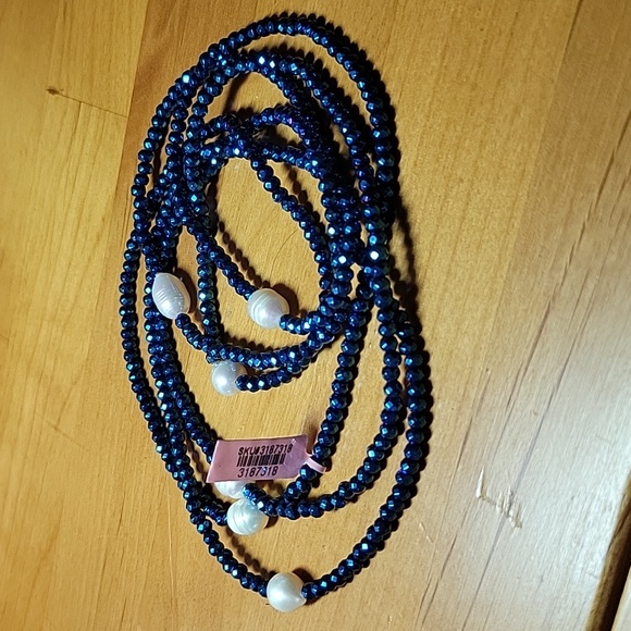 Blue plated Hematite, Freshwater White Pearl beads Necklace NWT - Picture 3 of 3